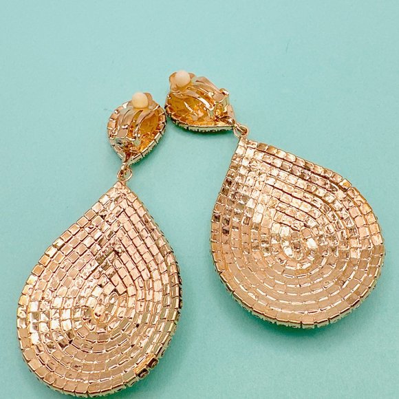 CLIP ON Large Gold Tone Tear Drop Rhinestone  Earrings - Picture 3 of 6
